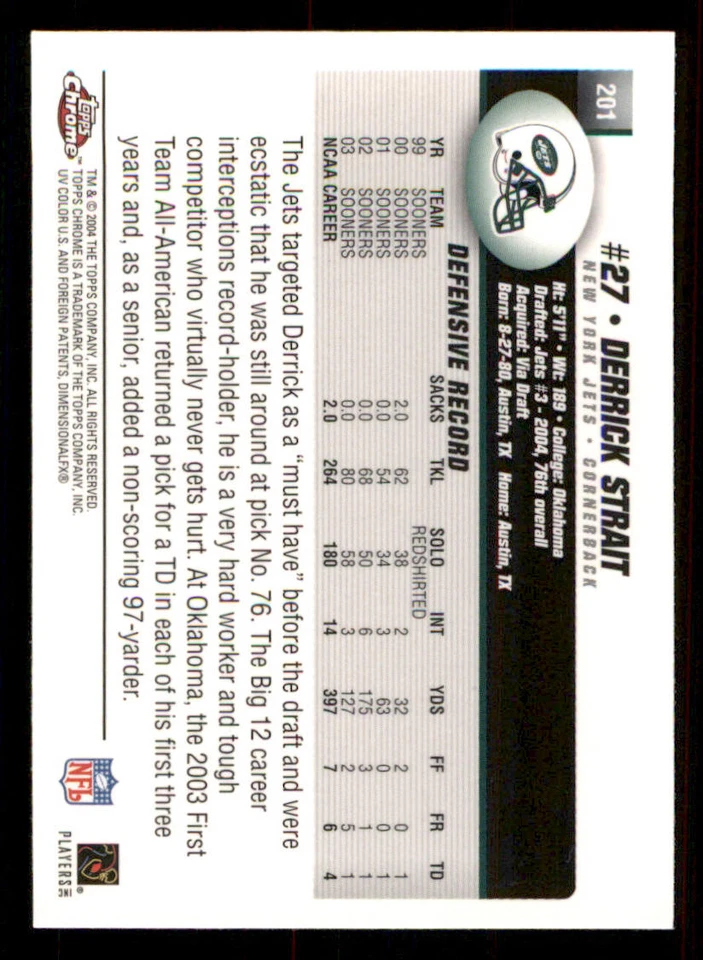 2004 Topps Chrome #201 Derrick Strait RC - Image 2 of 2