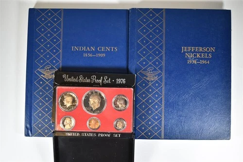 INDIAN HEAD CENT BOOK w/ 11 COINS & JEFFERSON w/ 50 COINS & 1976 PROOF SET LOT