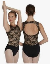 Capezio Leotard Medium Black Lace Overlay Open Back