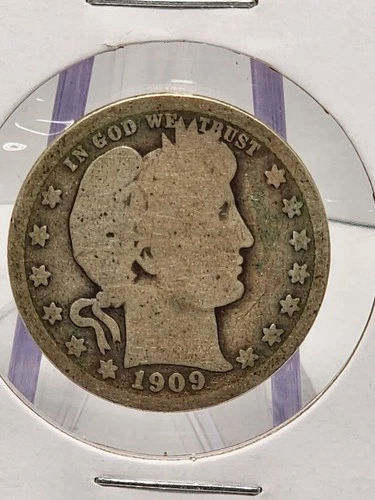 1909-P Barber Quarter Raw about good
