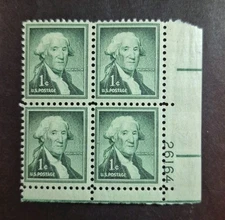 1956 US Stamp Scott #1031- 1 Cent George Washington Plate block of 4 MNH