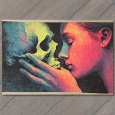 Art Print Woman Holding Skull Neon Glow Colorful Death Love Close Intense Mood