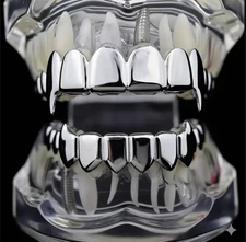 Hip Hop Silver Platinum Mouth Teeth Upper Top Lower Bottom Set New Fangs Grillz
