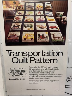 Vintage Transportation Quilt Pattern Block Appliqué Bus Train Tractor Plane