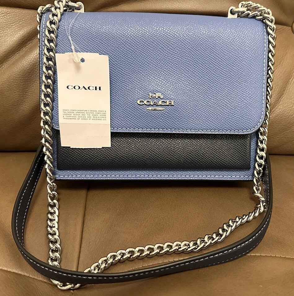 COACH Mini Klare Crossbody Bag In Crossgrain Leather Silver/Sky Blue $328  NWT