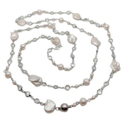GuaiGuai Jewelry Natural White Keshi Pearl Cubic Zirconia Micro CZ Pave Gold Color Plated Crystal Chain Long Necklace For Women - 36