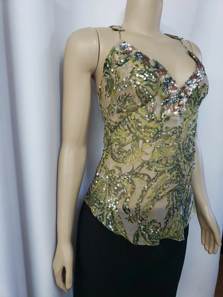Top para mujer Alessandro Dell Acqua seda lentejuelas talla 40 EE. UU. 6 sin mangas verde #CB3 Foto 3 de 4