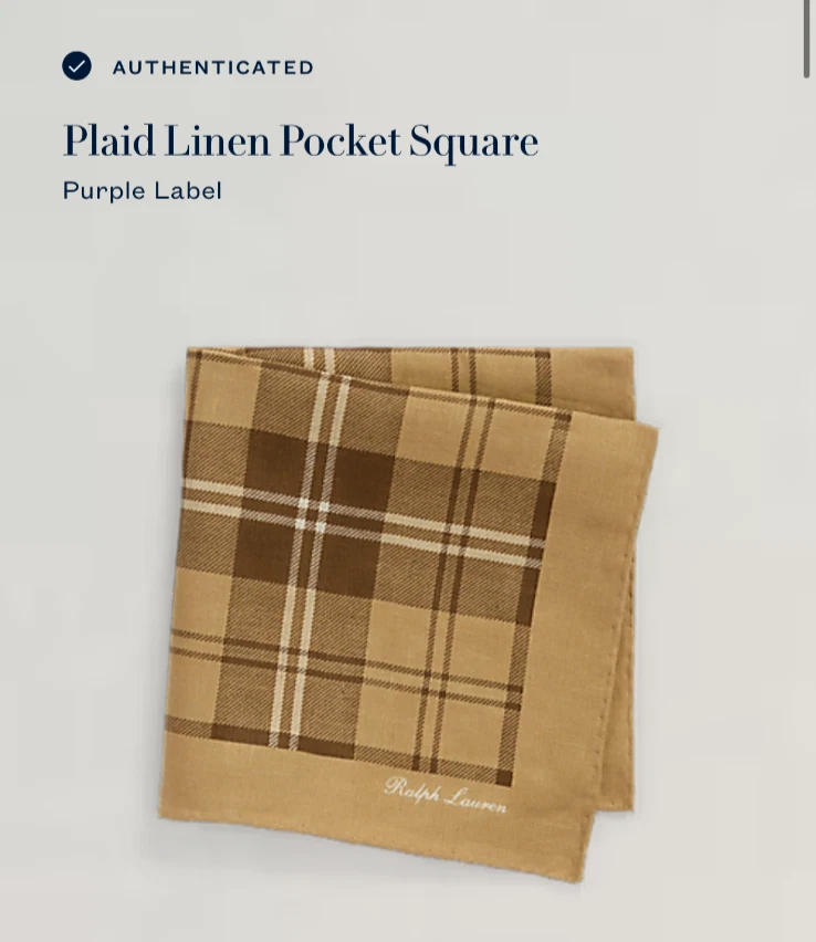 Ralph Lauren Purple Label Pocket Square Tan Brown Plaid 100% Linen Italy $165 - Image 2 of 4