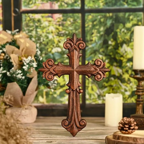 1pc Ornate Wooden Cross Beech, 10in Handmade Wood Wall Decoration
