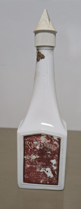 VINTAGE CHERI-SUISSE LIQUER BOTTLE/DECANTER--SWISS CHERRY CHOCOLATE--MILK GLASS