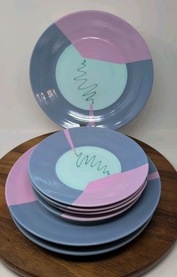 Unique 1980s Style Plate  Set 4 Dinner 4 Salad Blue Pink Highlights