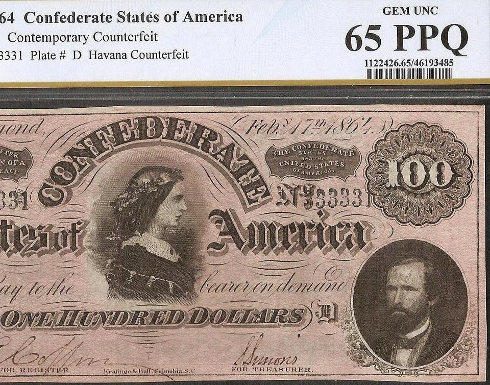 1864 $100 CIVIL WAR CONFEDERATE COUNTERFEIT HAVANA NOTE PCGS 65 PPQ FINEST GRADE - Image 3 of 3