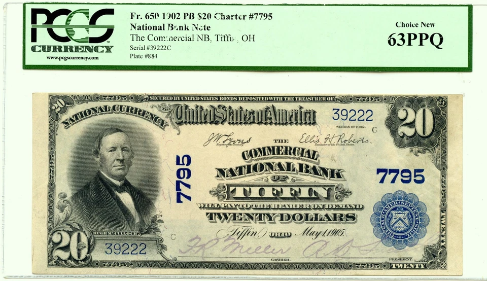 1902 PB $20 Natl. Note Fr. 650, Commercial NB of Tiffin, OH, Ch#7795, PCGS 63PPQ - Image 3 of 3