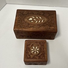 2 Vintage 70's INDIA Floral HAND CARVED WOOD Floral Shell INLAY TRINKET BOXES