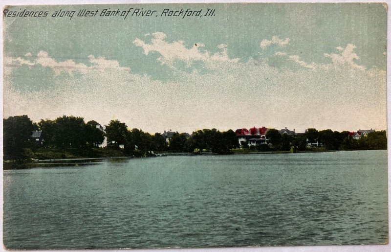 Antique postcard: Residences along west bank of Rock River, Rockford, IL, posted
