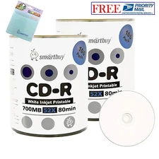 200 Smartbuy White Inkjet Printable 52X CD-R 700MB Disc + FREE Micro Fiber Cloth