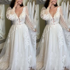 Beach Boho Wedding Dresses Puffy Long Sleeves Lace Appliques V Neck Bridal Gowns