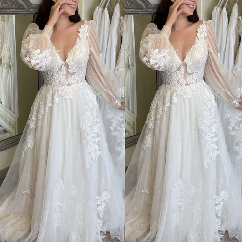 Abiti da sposa boho spiaggia maniche lunghe applique in pizzo collo a V abiti da sposa tulle - Foto 1 di 7