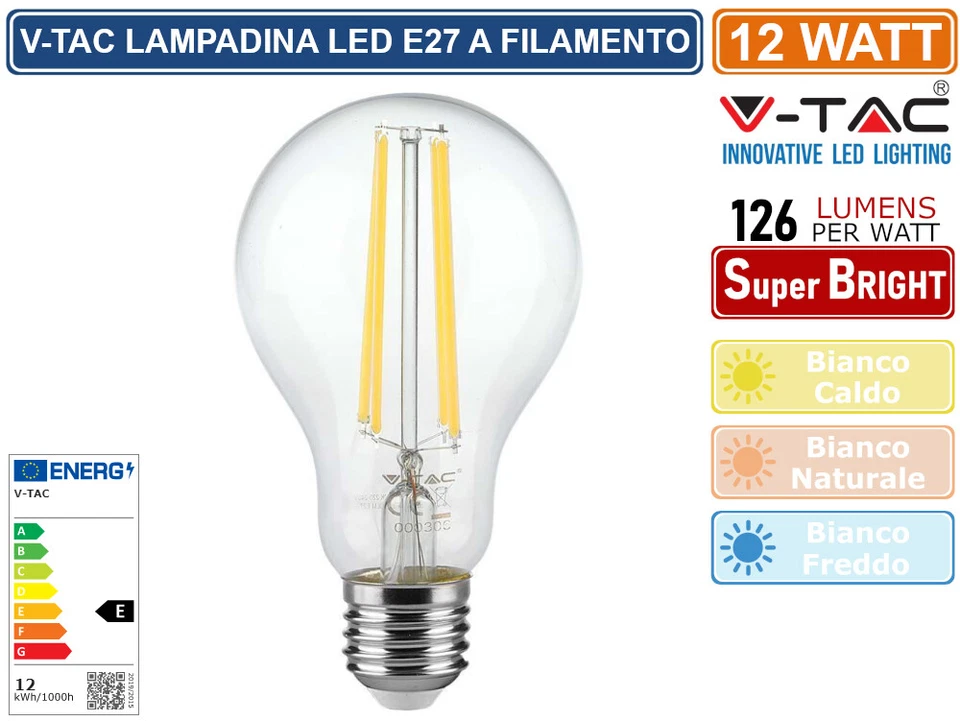 V-TAC VT-2133 LAMPADINA LED E27 12W BULBO A60 GOCCIA FILAMENT VETRO TRASPARENTE - Immagine 2 di 3