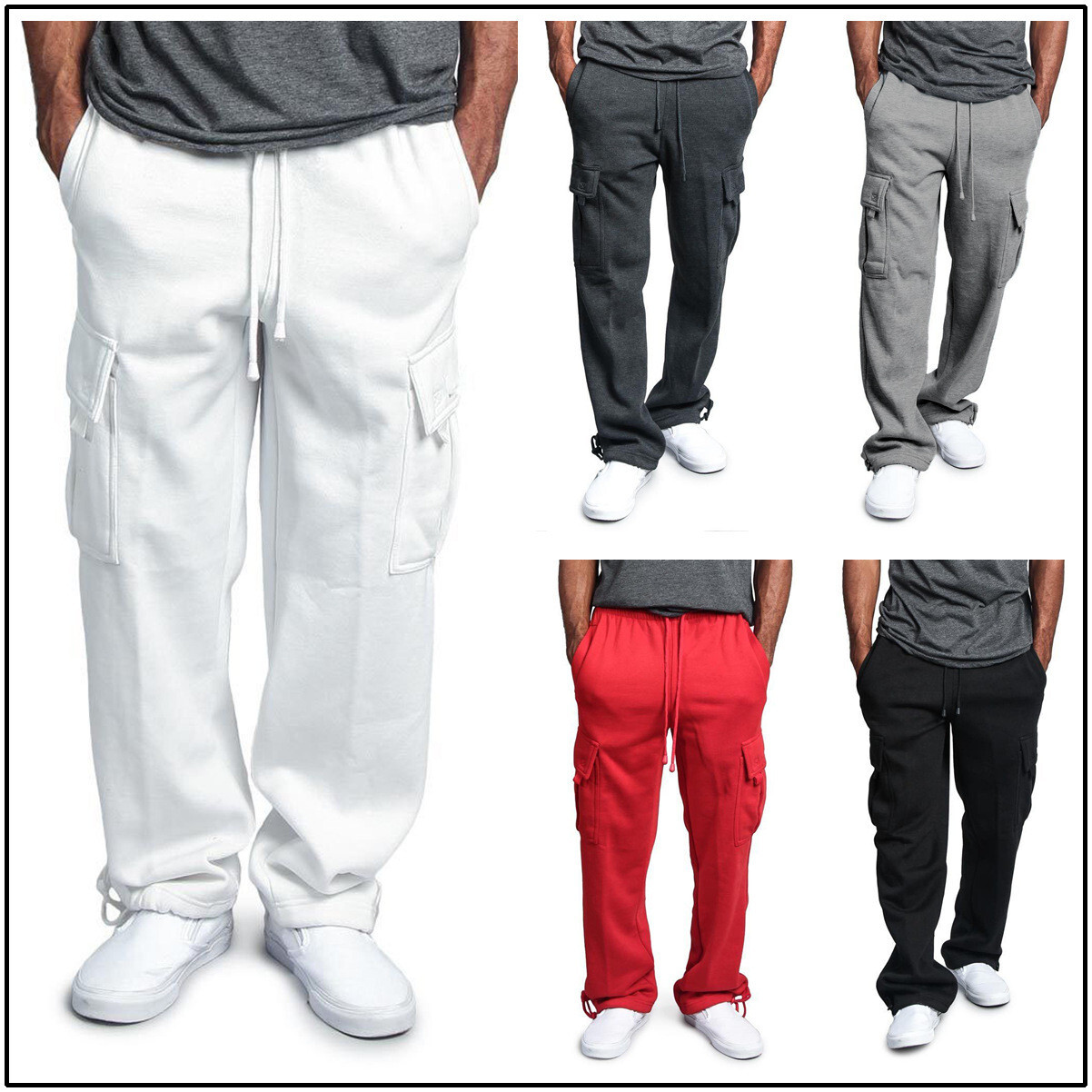 Men's Jogger Heavy Weight Fleece Cargo Pocket Sweat Pants Straight-fit Trousers
