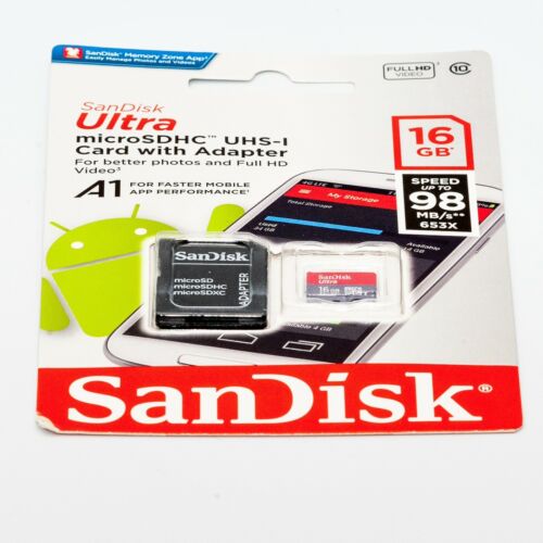 SanDisk 16GB microSDHC UHS-I Speicherkarte mit Adapter - Bild 1 von 2