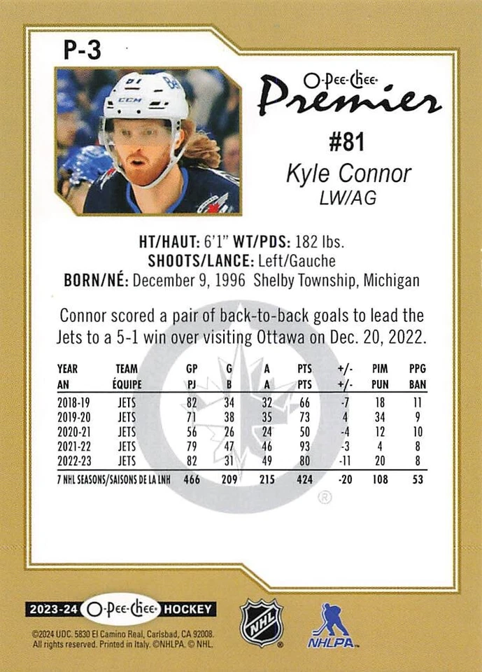 2023-24 Upper Deck OPC O-PEE-CHEE PREMIER  Kyle Connor  #P-3 - Image 2 of 2
