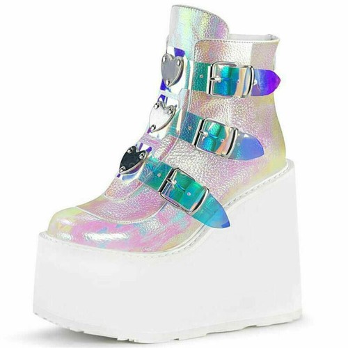 Stiefel Plateau Schuhe Stiefeletten mit Keilabsatz Winter Gothic Punk - Bild 8 von 11