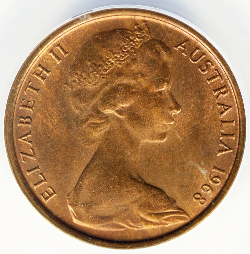Australia 1968 2c dos centavos ANACS MS64 RB Reina Isabel II Foto 3 de 4