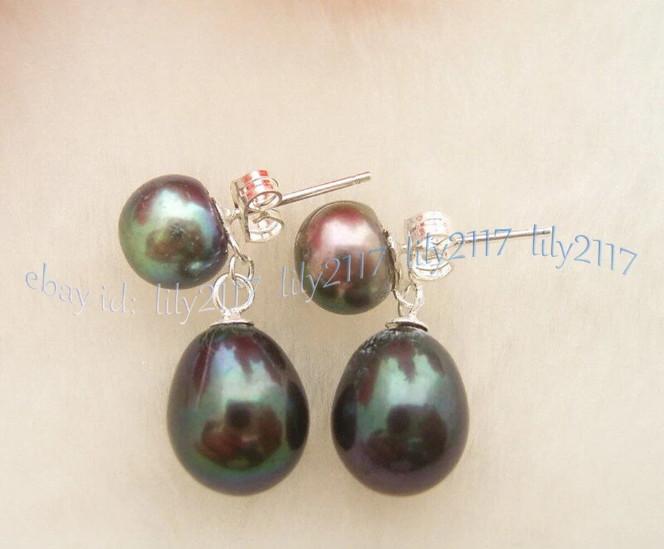 Pendientes colgantes genuinos naturales de plata con perla de Tahití negra de 7-8 mm 9x11 mm Foto 2 de 4