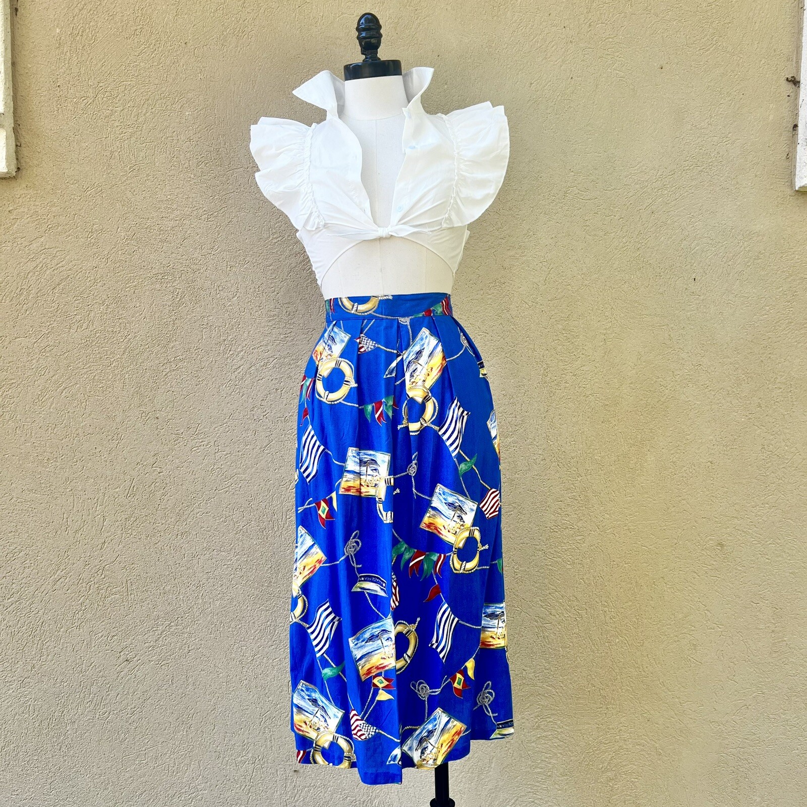 MARITIME NAUTICAL Sailing Yacht 90s 1990’s Vintage Novelty Print Rayon Skirt XL image 10