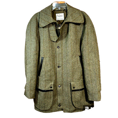 Rare VTG Christopher Dawes Wool Herringbone English Country Coat Leather Trim 38