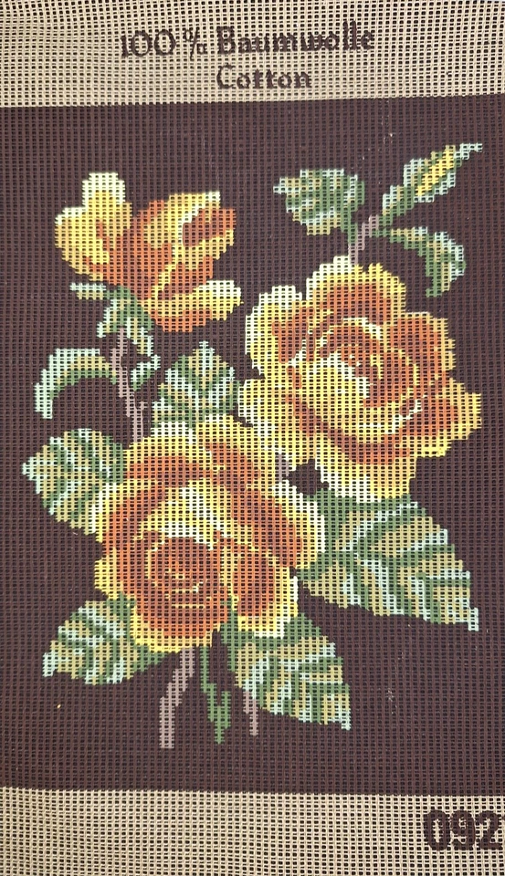 VTG 1970s GERMAN NEEDLEPOINT YELLOW ROSES ON BROWN 14" PETIT POINT 1:10 CANVAS - Image 3 of 4