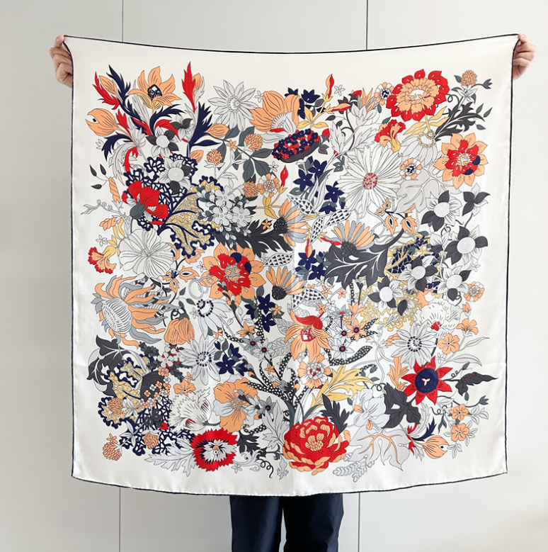 100%Silk Mulberry Wrap Shawl Square Red flower Print Bandanna Scarf 110X110cm