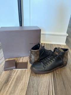Louis Vuitton Men’s Black Leather Monogram High Top Lace Up Zip Sneakers US 12