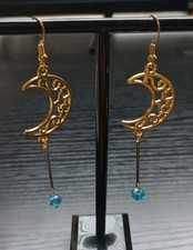 Gold Tone Crescent Moon Star Dangle Earrings Blue Bead Celestial Boho