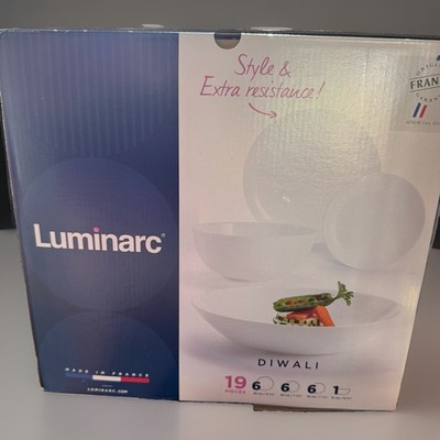 NEW Luminarc Diwali 19 Piece Dinner Set, Tempered Opal Glass Dinnerware - France