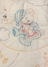 Hand-Embroidered Teddy Bear on Crescent Moon Vintage Baby Quilt with Pillow 