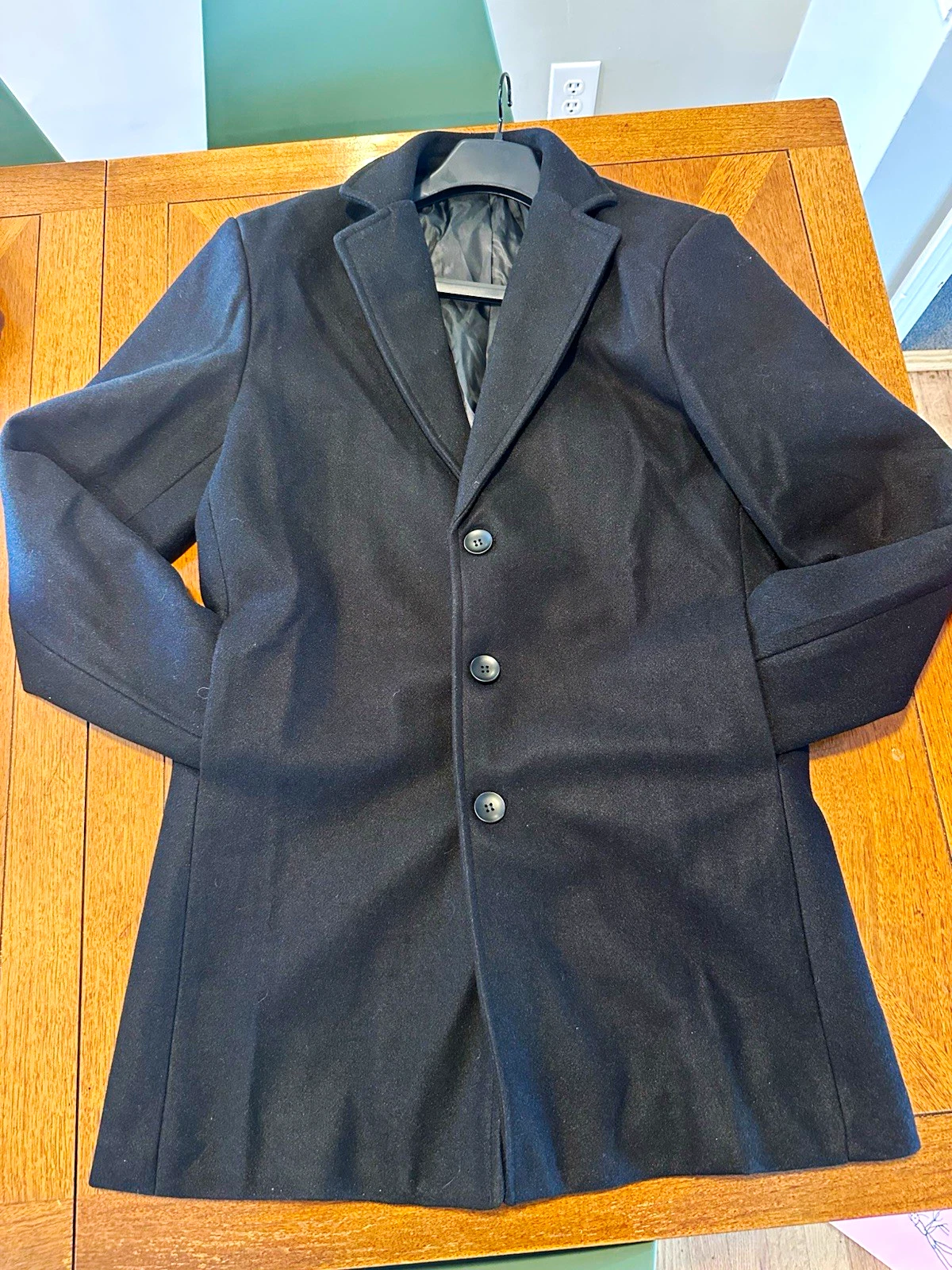Fashion Men's Black Wool Lined Button-Front Overcoat Size L Notch Collar image 1
