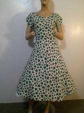 Vt 30's/40  s ENCORE Original Ivory w Green Hearts Cap Sleeve Fit Flared Dress S