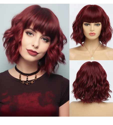Short Burgundy Wig For Women-Wavy Wig With Bangs-Sunthetic Hair Water Wave 12in