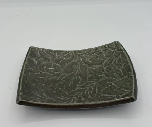 Green Floral Botanical Curved Footed Soap Trinket Art Pottery Dish 6" Marked