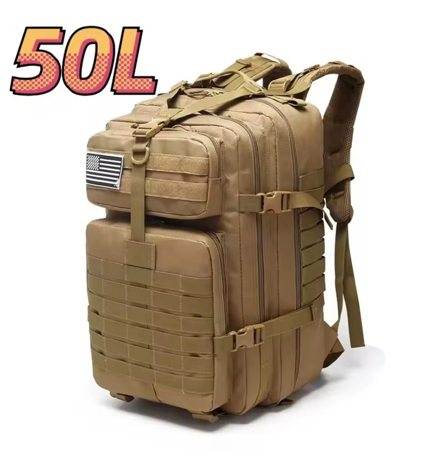 Sac tactique kaki beige 50L de survie randonnée camping outdoor imperméable