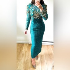 Laurence Kazar Teal Beaded Silk Vintage Formal Evening Dress sz Small