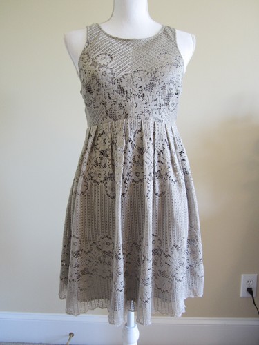 FREE PEOPLE Knit Crochet Lace Open Back Boho Tunic Taupe Dress Sz 4