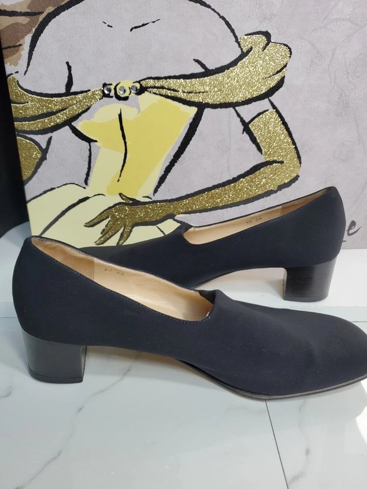 Sapato Slip-On Rangoni Preto Têxtil/Couro 2" Bloco Bomba de Salto 10AA Fabricado na Itália - Imagem 2 de 4