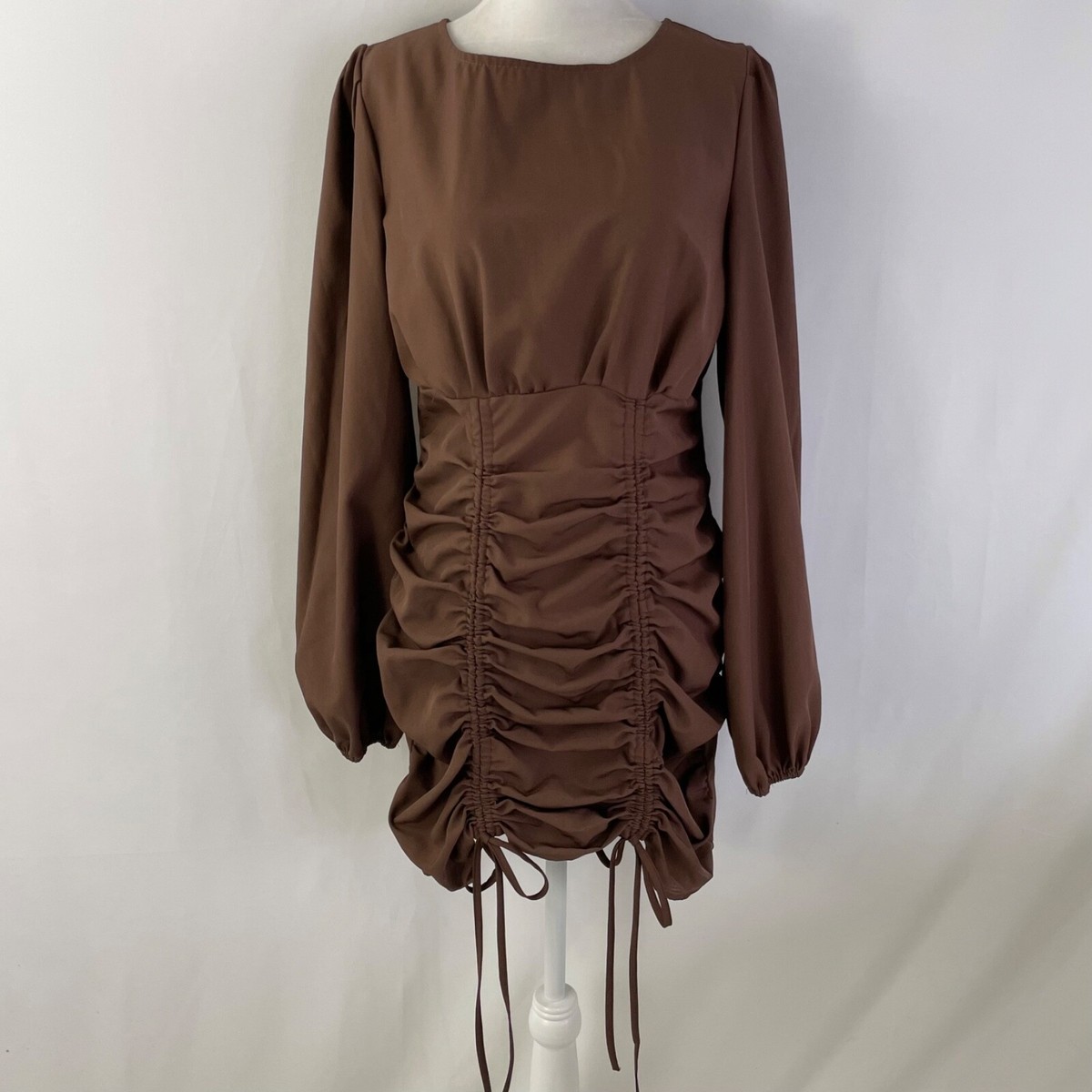 Pretty Little Thing Ruched Long Sleeve Bodycon Mini Dress Chocolate Brown  Size 6 | eBay