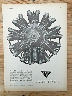 1954 Flugzeug Werbung Alvis Leonides 550 PS 9 Zylinder luftgekühlter Sternmotor 