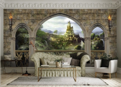 Castle Terrace Wall Mural Decal, Fantasy Wallpaper. Self-adhesive