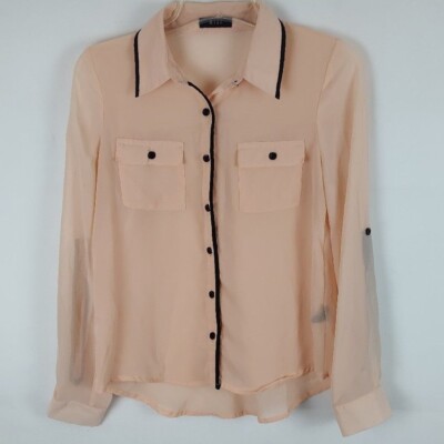 MINE Sheer Button-Down Blouse Womens S Roll-Tab Sleeve Peach Black Trim