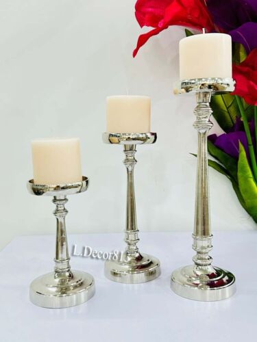 Candle Holder Set Of 3 Steel Silver Pillar Candlestick for for Home Office Decor - Picture 1 of 16